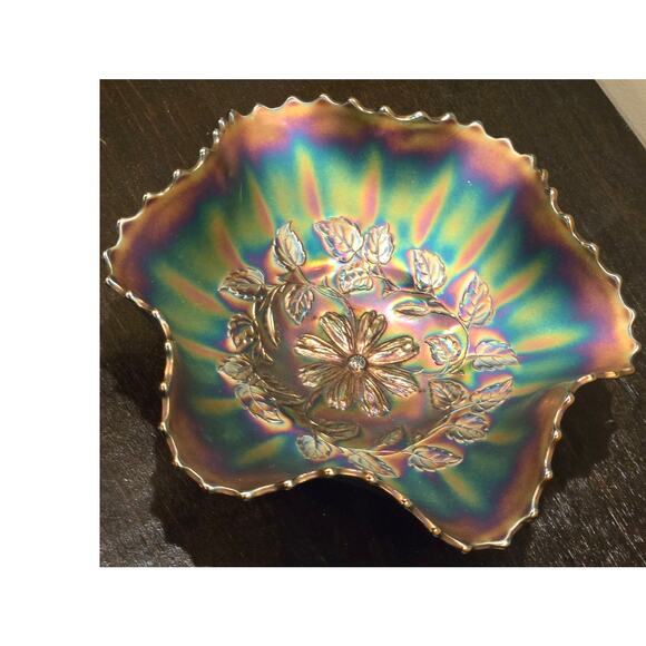 Vintage Fenton Carnival Glass Bowl Scalloped Edge Floral Pattern 10” - Picture 3 of 7